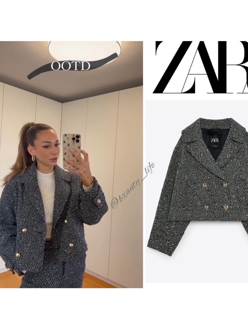 Zara Tweed Cropped Jacket in Charcoal Gray with Gold Buttons - Picture 4 of 16